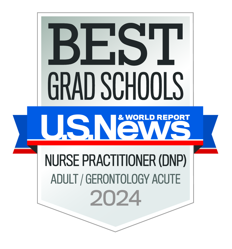 Blue, white, and red crest displaying the words "Best Grad School, US News and World Report, Nurse Practitioner DNP Adult/Gerontology Acute 2024""