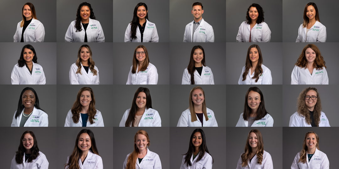 A collage of 24 headshots of doctors wearing white coats