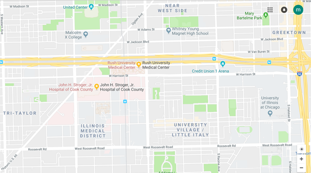 Map of the area around RUSH University Medical Center
