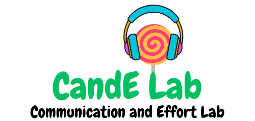 CandE Lab - communication and effort lab - lab logo with a lolipop wearing headphones