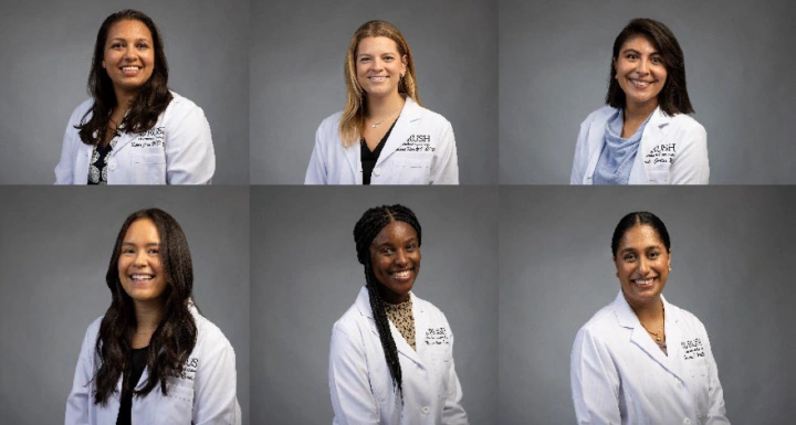 Headshots of six residents wearing white coats