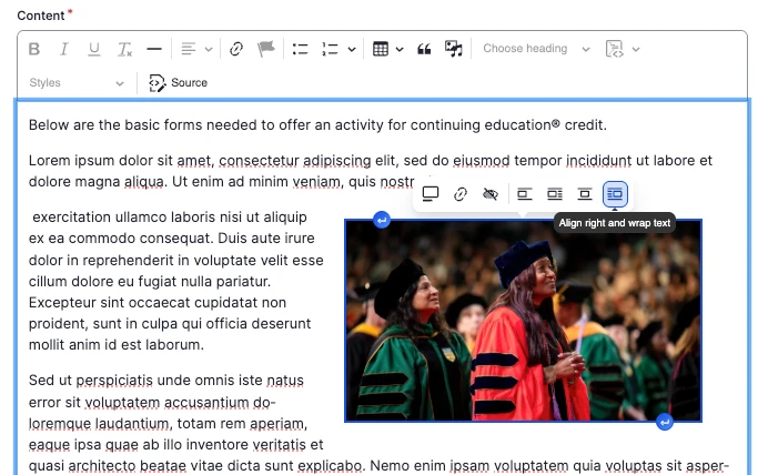Website editor showing a photo with alignment applied