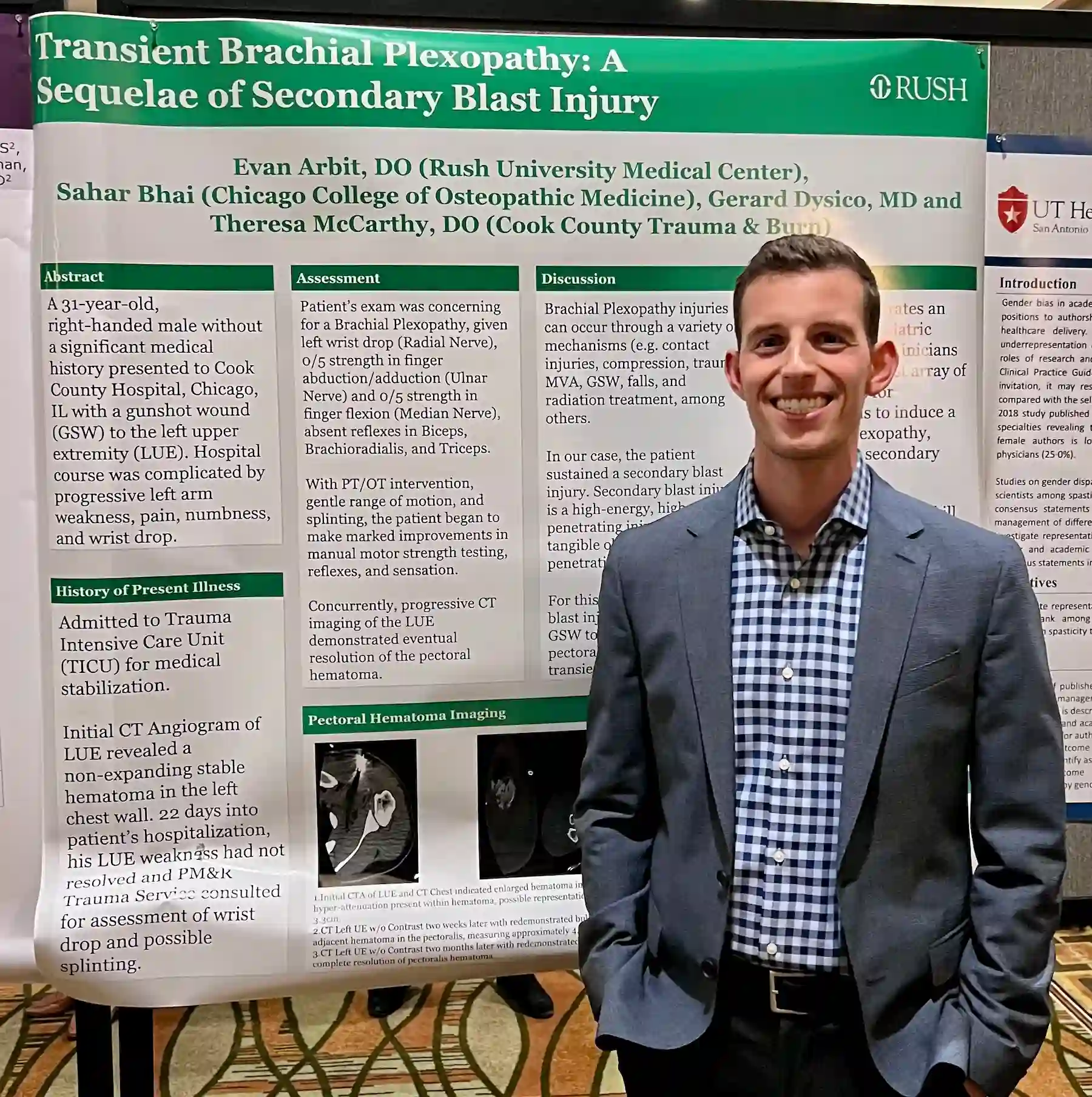 A Physical Medicine & Rehabilitation resident in front of a poster.