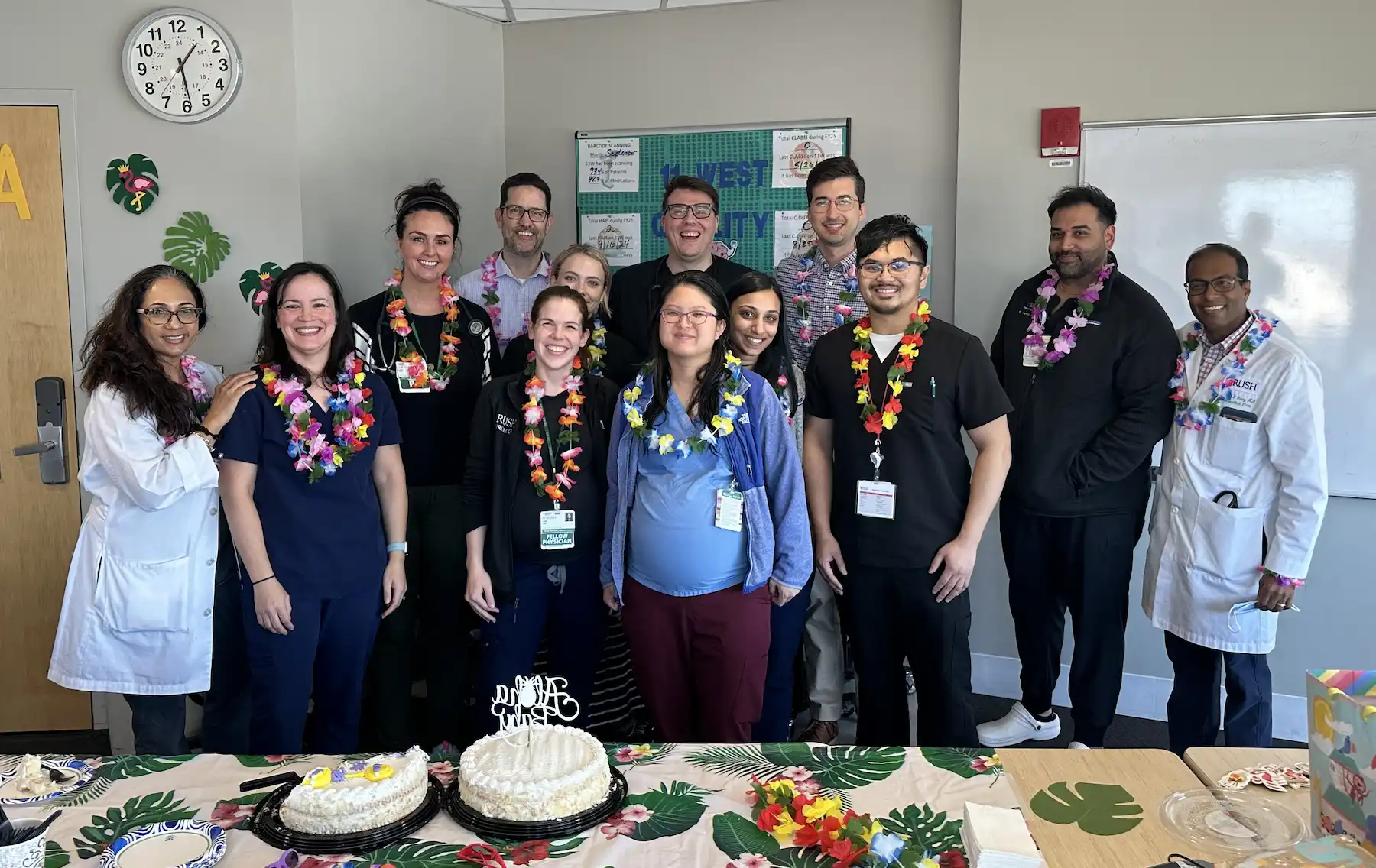 Neurocritical care fellows having a Hawaiian-themed party.