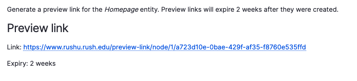 Screen shot of an internal preview link
