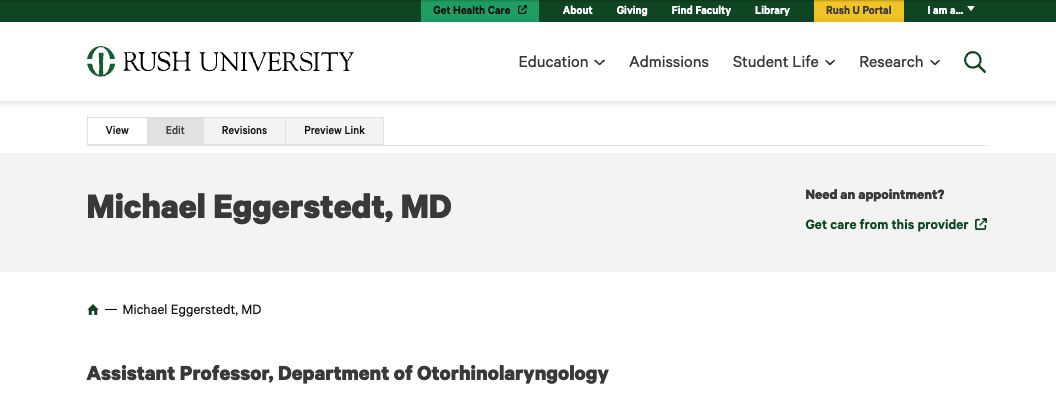 Screenshot of the Rush University website editing system