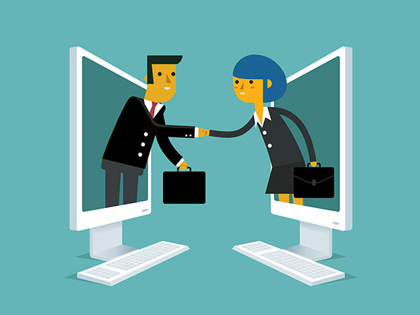 Illustration of two figures emerging from computer monitors to shake hands