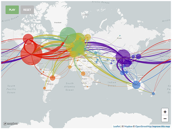 World map showing COVID-19 data transmission
