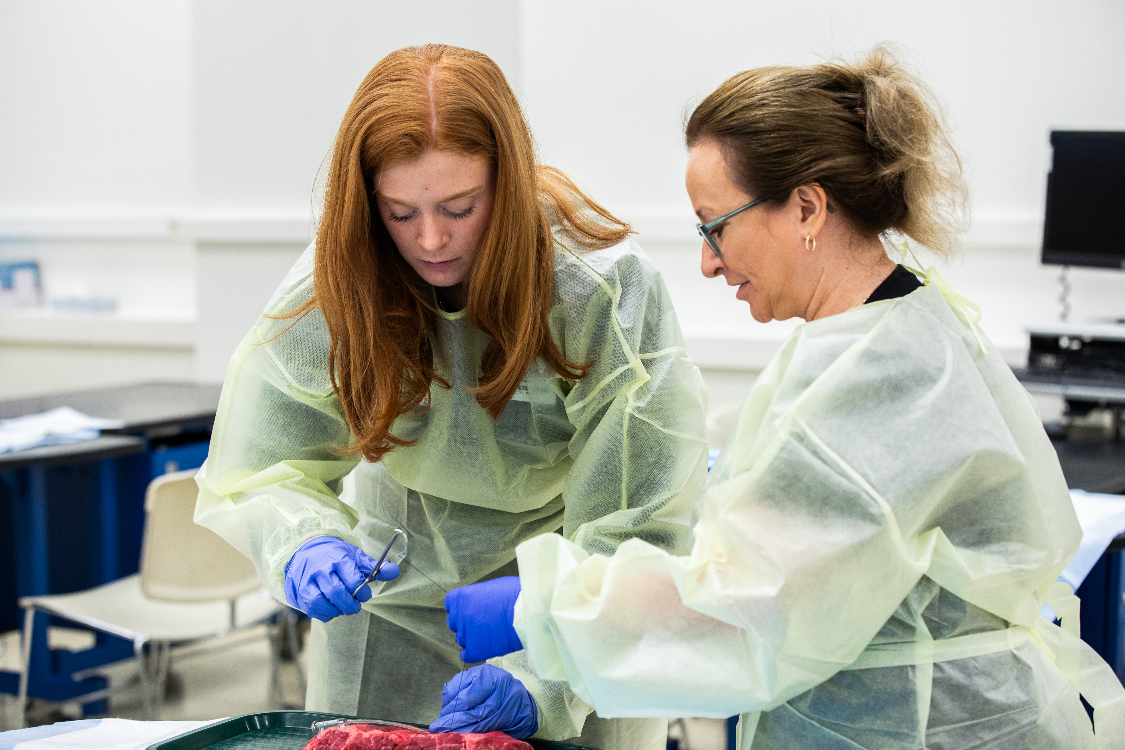 Student participating in skills lab training in Rush University's Simulation Lab alongside faculty member.