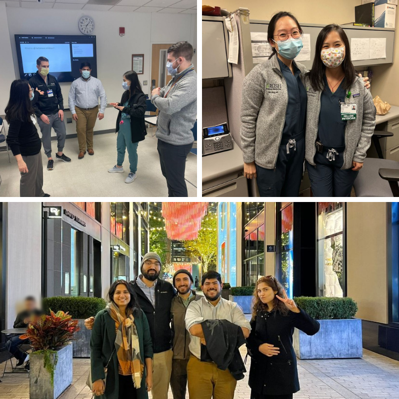 Several ID Fellows gather in a classroom, stand in an office, and walk through an outdoor shopping center.