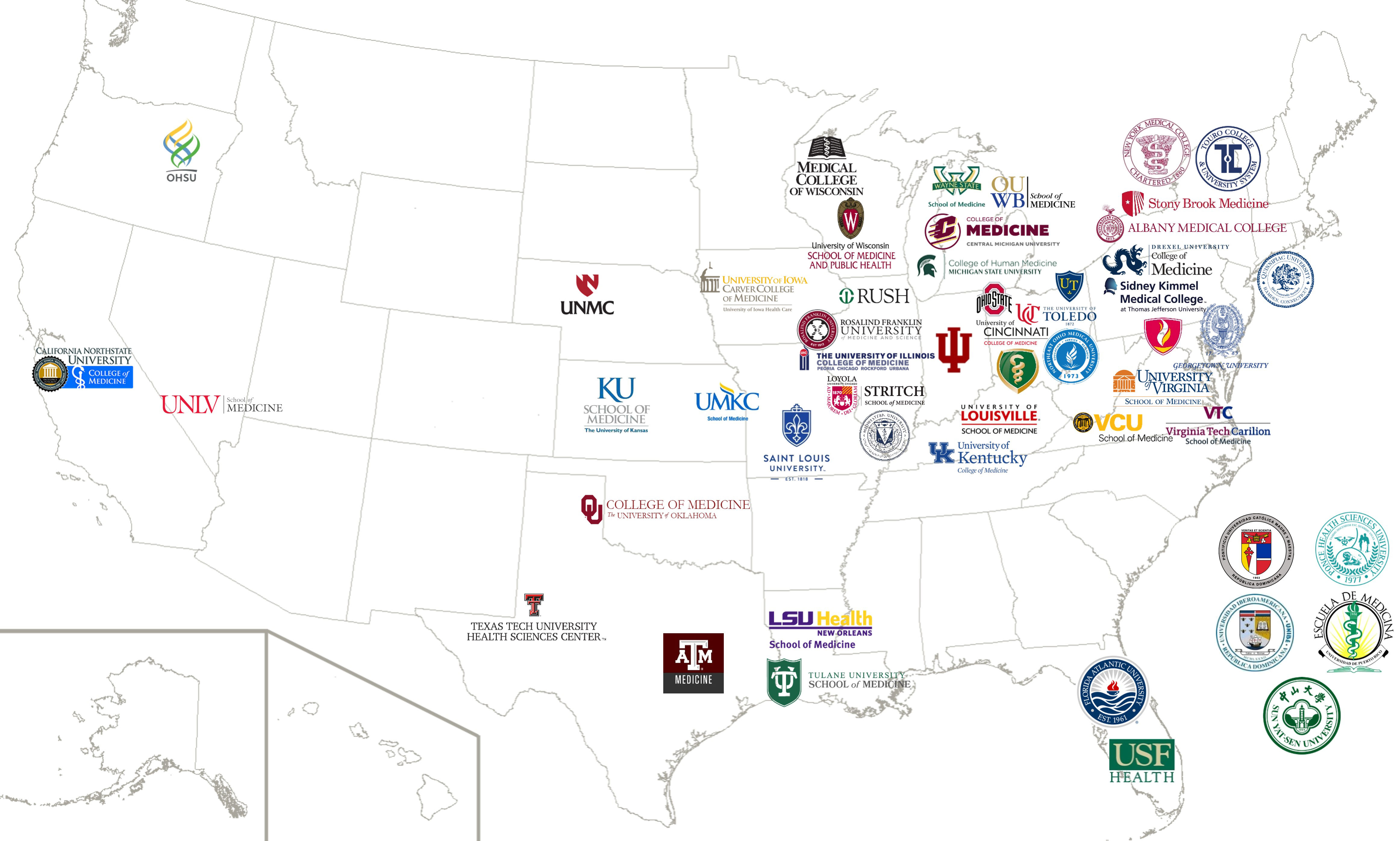 A map of the U.S. showing Universities where residents have come from.