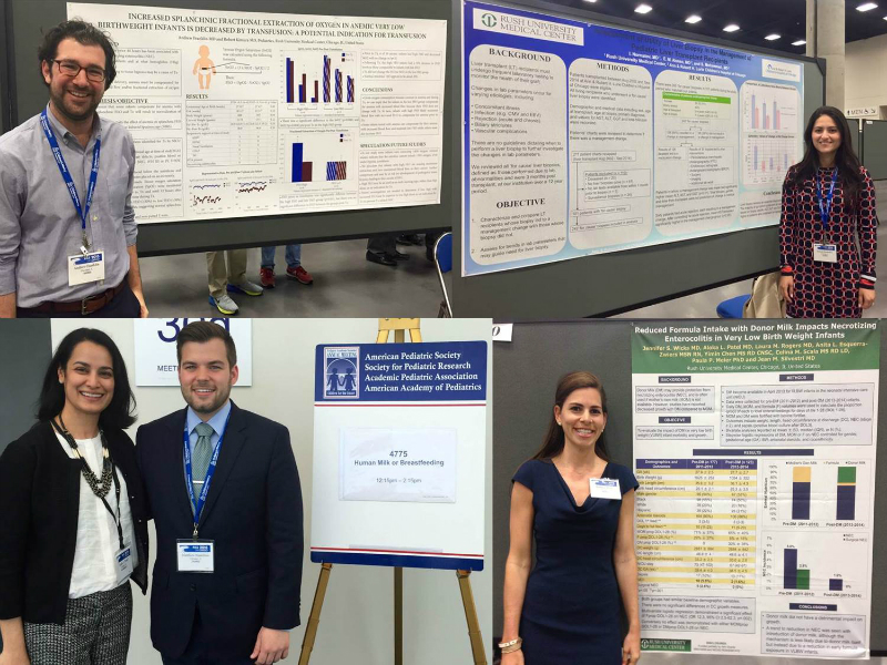 A montage of four photos of residents standing next to their research presentations.