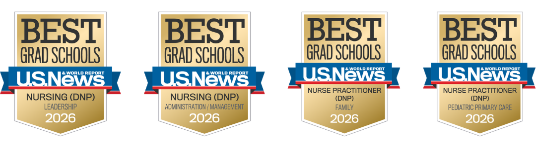 USNWR 2026 Badges for Leadership, Administration, Family Nursing, and Pediatric Primary Care programs.