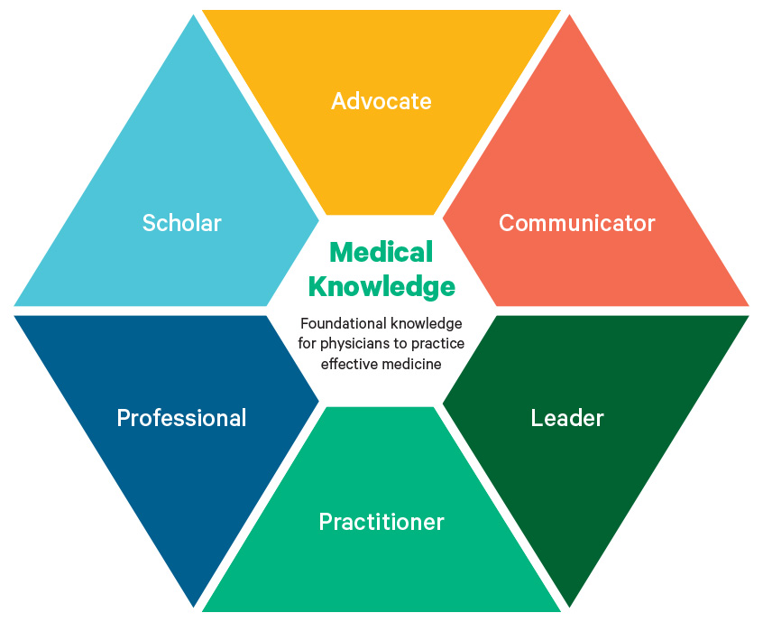 Diagram made up of six shapes labeled Advocate, Communicator, Leader, Practitioner, Professional and Scholar. These connect to form a circle around the words Medical Knowledge: Foundational knowledge for physicians to practice effective medicine