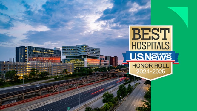 Badge recognizing Best Hospitals award, superimposed on a photo of the Rush campus