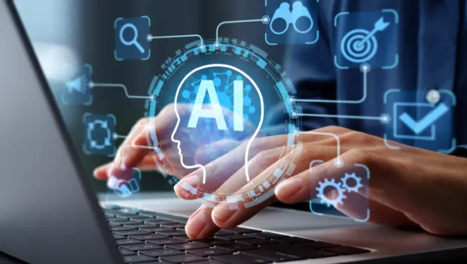 Close-up of hands typing at a laptop keyboard, with AI and symbols representing technology overlaid
