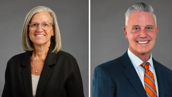 Rush College of Nursing alumni Julie Hoff, PhD, RN, FNAP, FAAN and Steven Brockman-Weber, DNP, RN, MSHSA, FACHE, NEA-BC, CENP