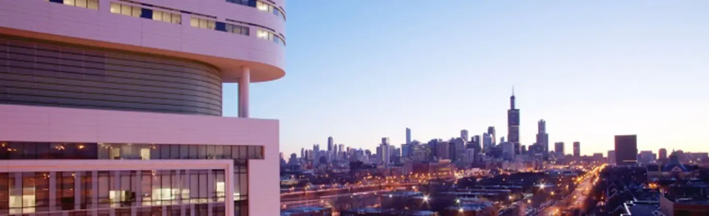 Rush tower and Chicago skyline at twilight