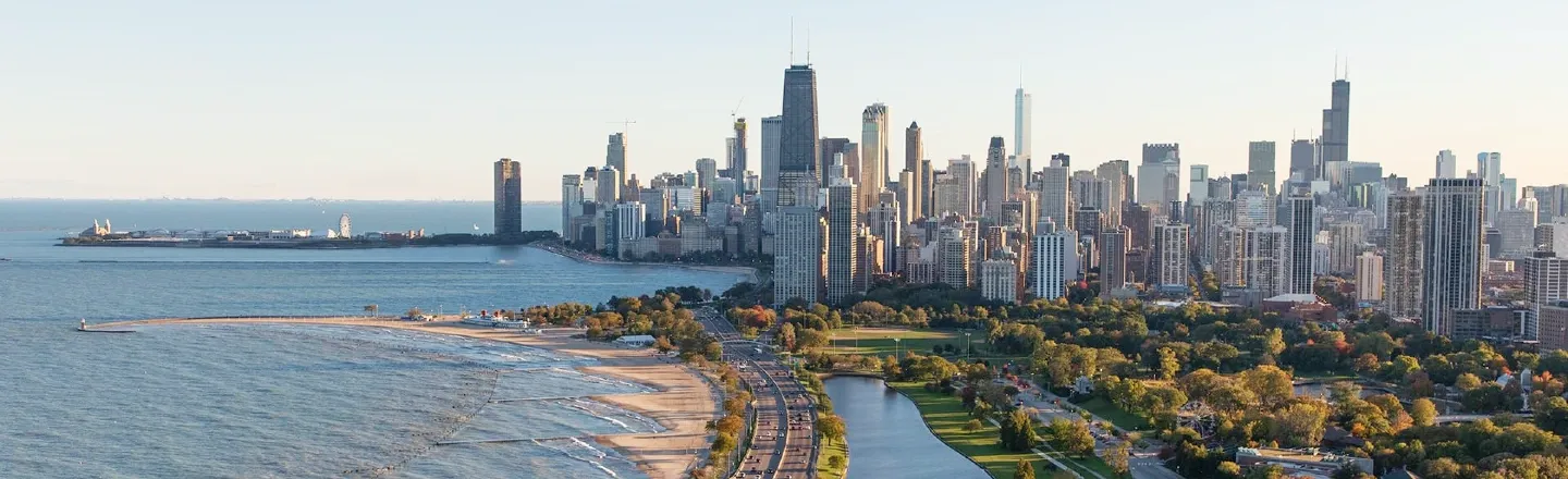 Aerial view of the Chicago lakeshore and skyline