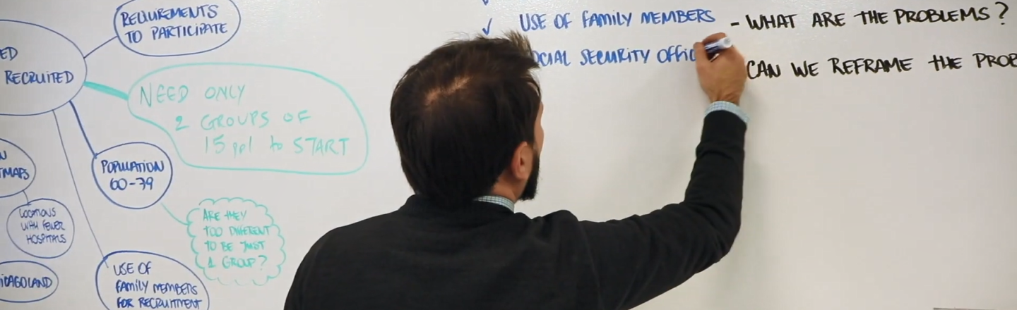 A designer writes on a whiteboard at the Health System Design Innovation Lab