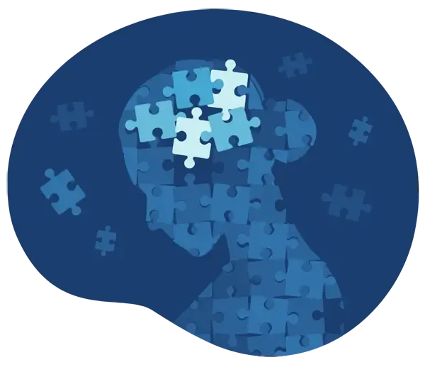 A silhouette of a person that is made up of blue puzzle pieces