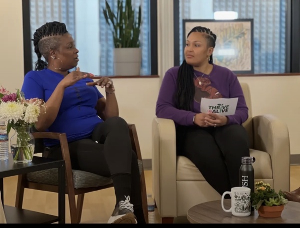 Jazmine Lampkin, to the right, interviewing a guest speaker for the Thrive Alive Podcast