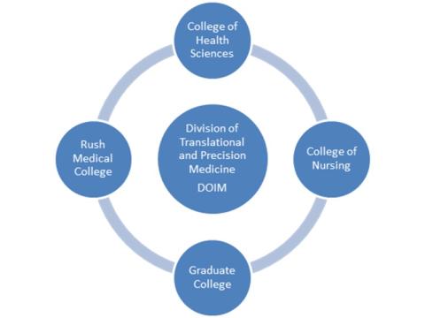 Graphic showing the Division of Translational and Precision Medicine in collaboration with the four colleges of Rush University