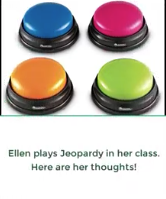 Four colorful game buzzers that Ellen Becker uses for Jeopardy