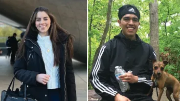 A woman stands outdoors in front of the Cloud Gate sculpture, and a man sits outdoors with a small dog, surrounded by trees