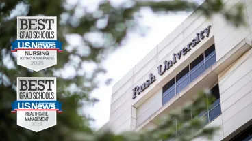Exterior of a Rush University building, overlaid with badges from US News reading Best Grad Schools