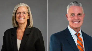 Rush College of Nursing alumni Julie Hoff, PhD, RN, FNAP, FAAN and Steven Brockman-Weber, DNP, RN, MSHSA, FACHE, NEA-BC, CENP